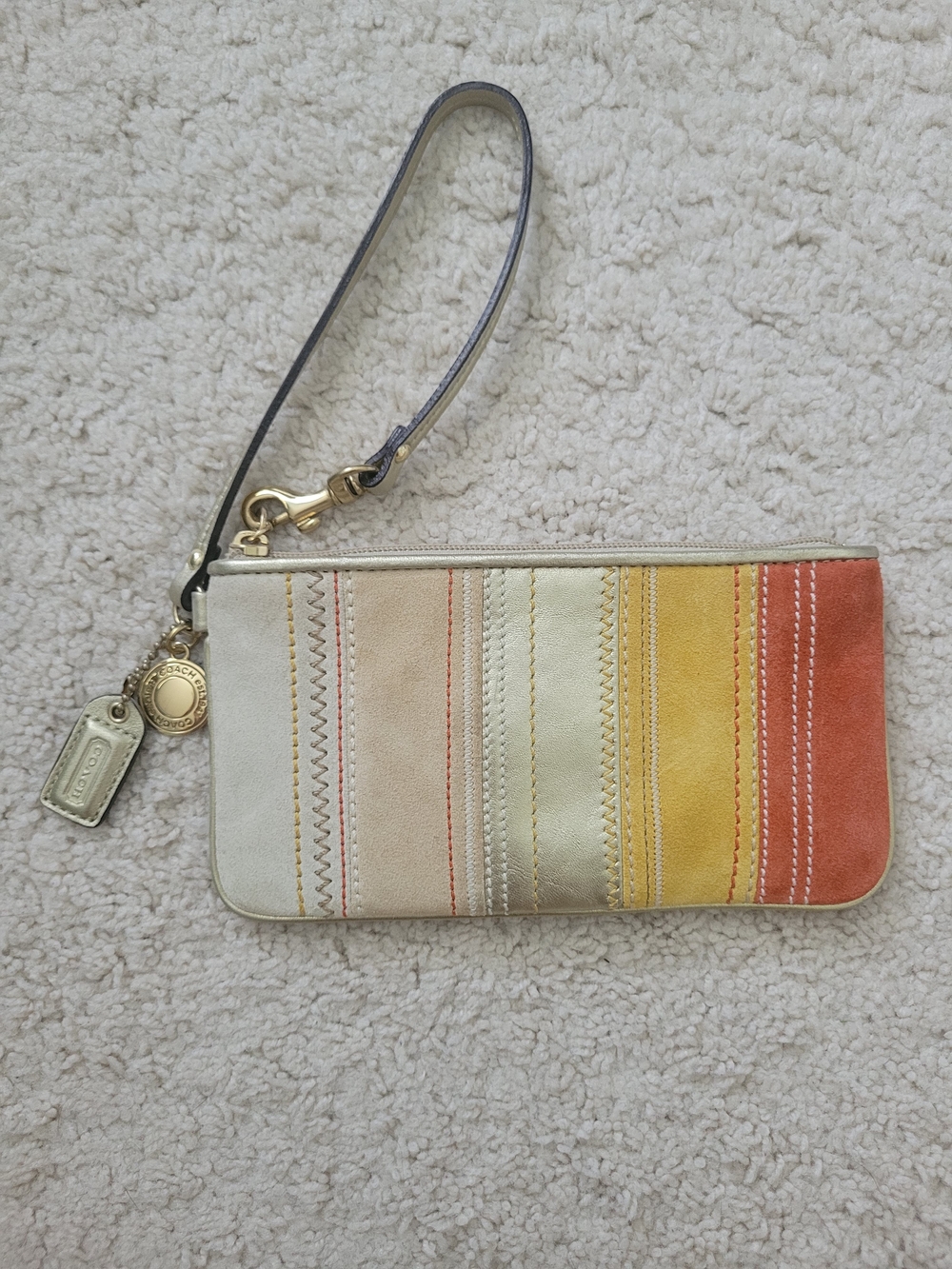 COACH Multicolor Suede Stripe Wristlet Y2K — Yellow, Orange, Cream, Gold